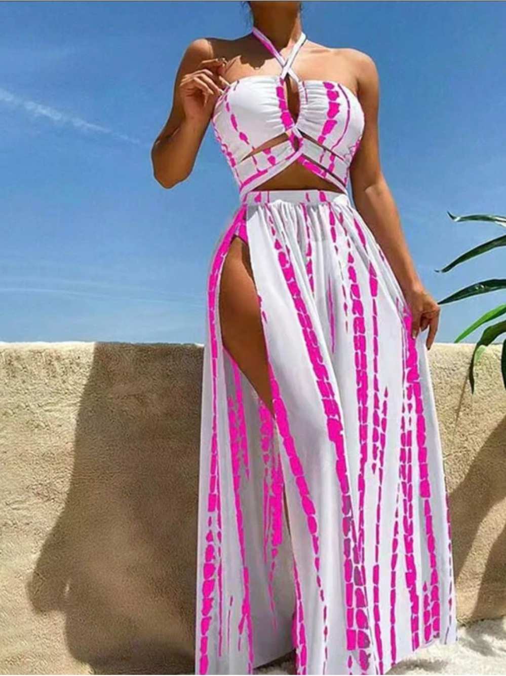 White & Hot Pink Tie-Dye Two-Piece Maxi Dress